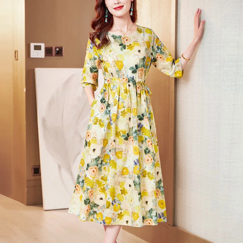 Elegant O-คอพิมพ์SplicedหลวมShirringผ้าพันคอBow Midiชุดเสื้อผ้าผู้หญิง 2025 ฤดูร้อนใหม่Office Ladyชุดดอกไม้