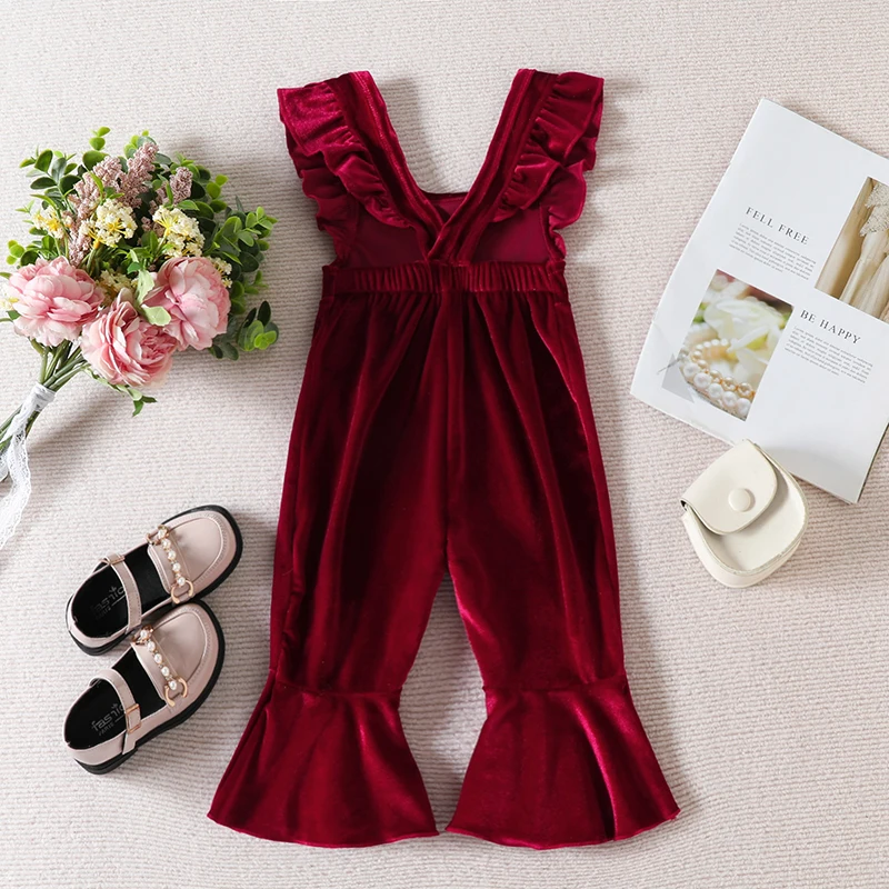 Toddler Girls Autumn Winter Jumpsuit Ruffle Sleeve Velvet  Suspender Flared Pants