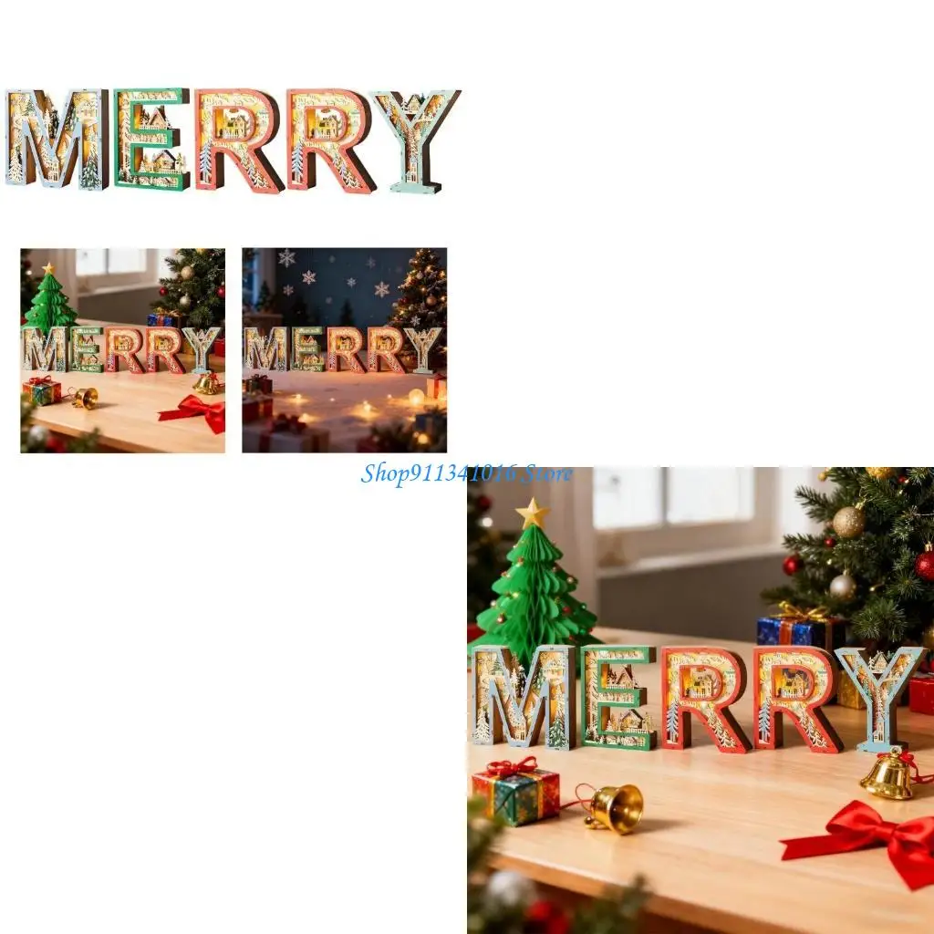 

Деревянная гравированная веселая настольная светодиодная лампа, полый деревянный ночник с буквами для рождественской свадьбы,