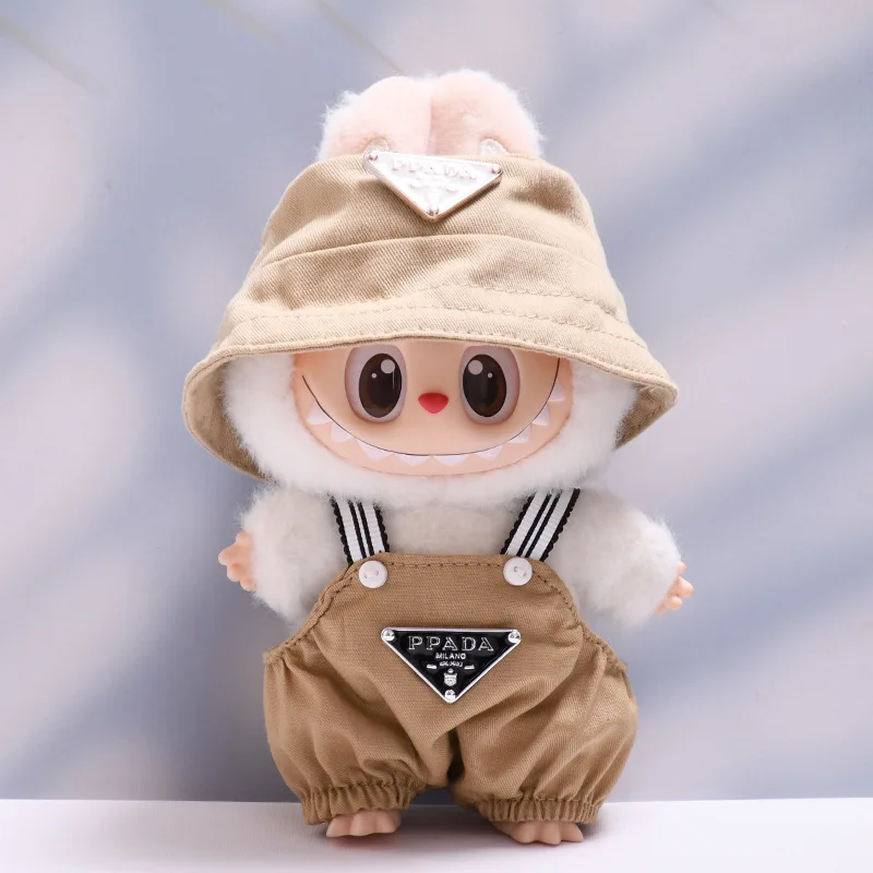Doll Clothes For Labubu 17cm Set Solid Color Overall And Bucket Hat Outfit for DIY Doll Dressing Gift for Toy Collectors