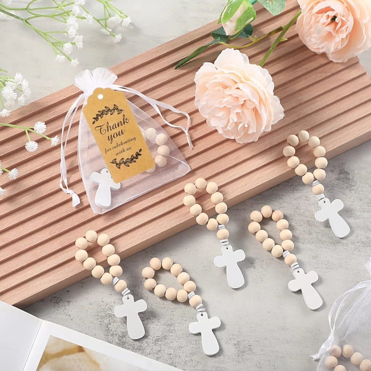 Catholic Wooden Rosary Bead Rosaries with Cross Beads Christening Favors with White bag box for the First Communion Confirmation