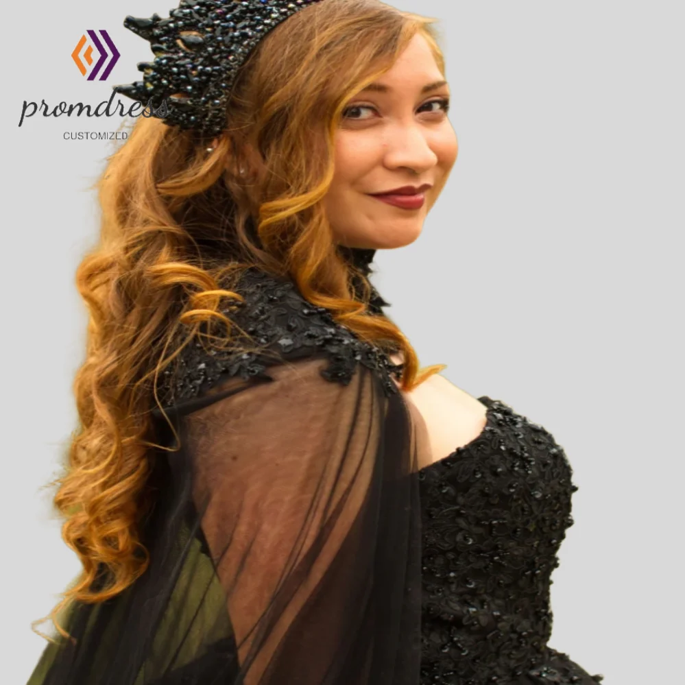 Vintage Black Gothic Wedding Dress With Clock Cape Fantasy Witch Inspired Beaded Lace Bridal Gowns Mystical Forest 2 Customized