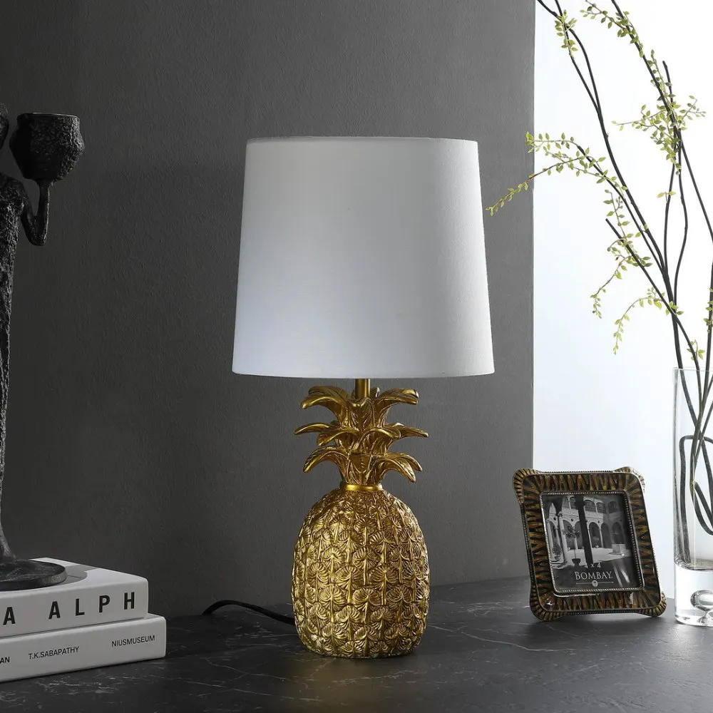 17" In Golden Brass Tropical Heahea Pineapple Table Lamp,Brass gold resin/white cotton/linen,half drum lampshade