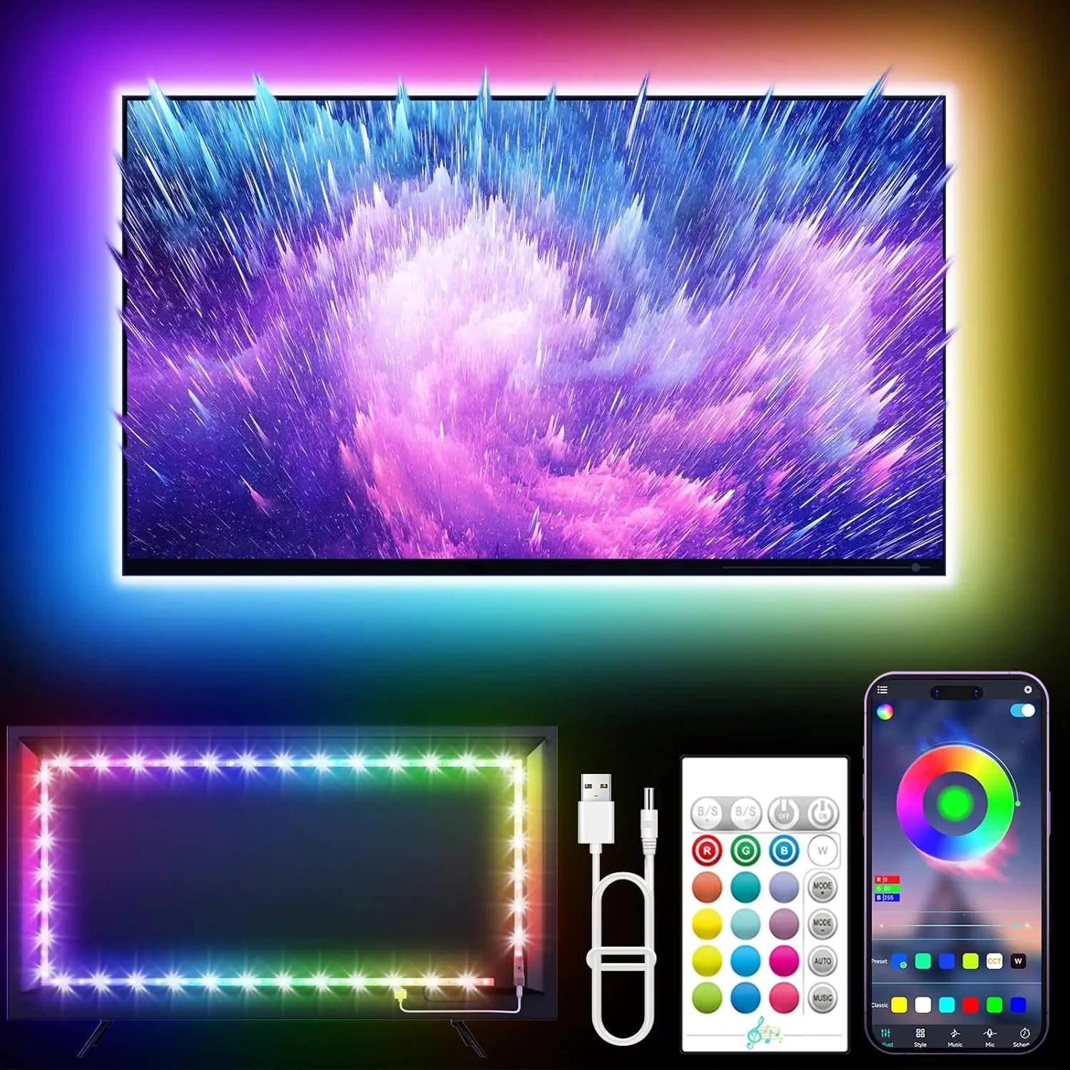 

Светодиодная RGB-подсветка для телевизоров 16,4 фута (45-75 дюймов) с синхронизацией музыки, управлением через Bluetooth-приложение и пультом ДУ