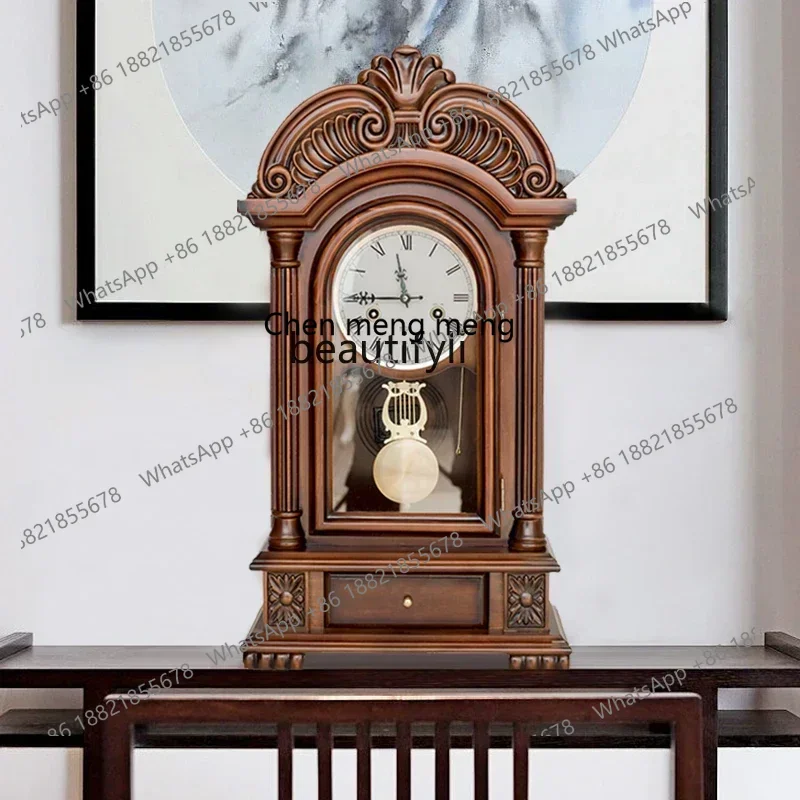 2003 Atmospheric retro solid wood mechanical seat clock copper core pendulum clock three-dimensional carved time clock