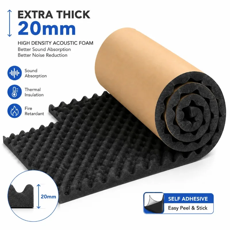 Rollo de espuma acústica autoadhesiva de 2 cm de grosor, espuma de aislamiento de alta densidad que absorbe el sonido para reducción de ruido en paredes de coches y estudios.