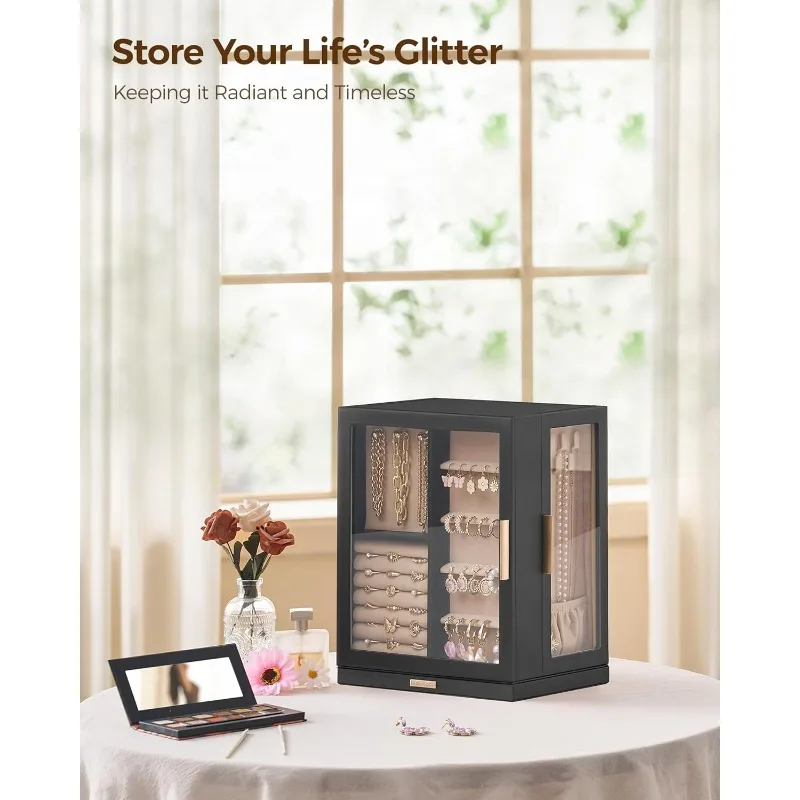 360° Rotating Jewelry Box with 5 Drawers, Spacious Vertical Jewelry Organizer with Glass Window, Jewelry Storage Case