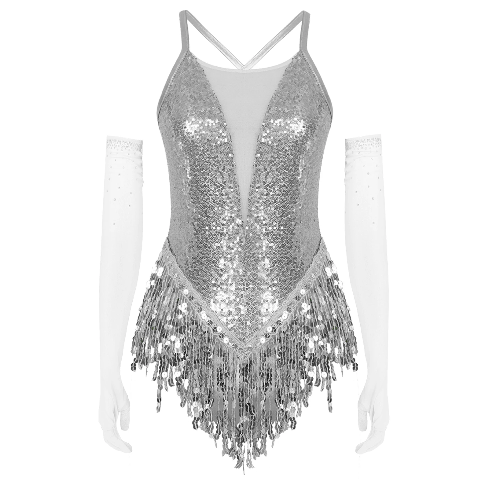 Womens Latin Tango Rumba Cha-Cha Samba Dance Performance Costume Cross Back Sparkling Sequins Fringed Leotard with 1 Pair Gloves view 2