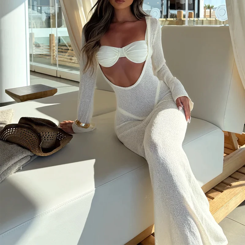 Sexy Knit See-Through Long Sleeve Cover-Up Dress, Beach Vacation Sun Protection Smock, Casual Slim-Fitting All Season Wear