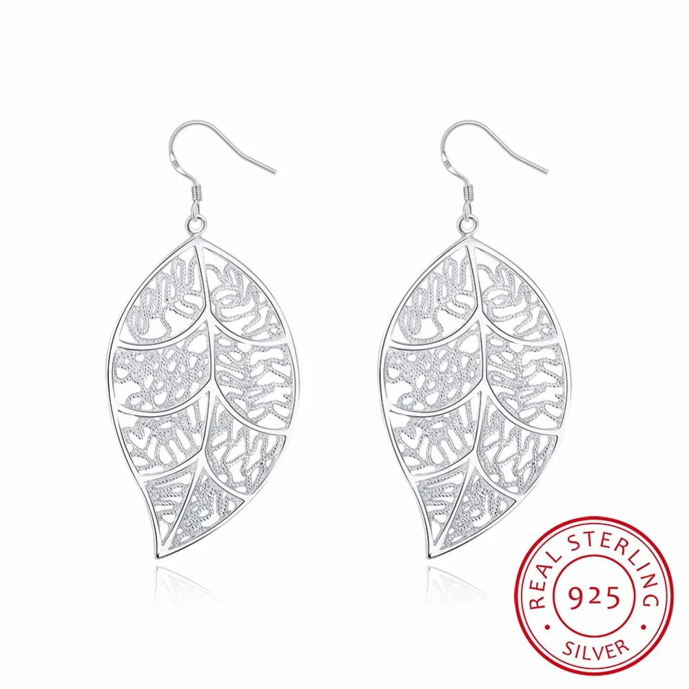 Lekani 925 stamp silver color Big Hollow Leaf Drop Earrings Brincos For Women Wedding Fine Jewelry Gift Accessories Pendientes