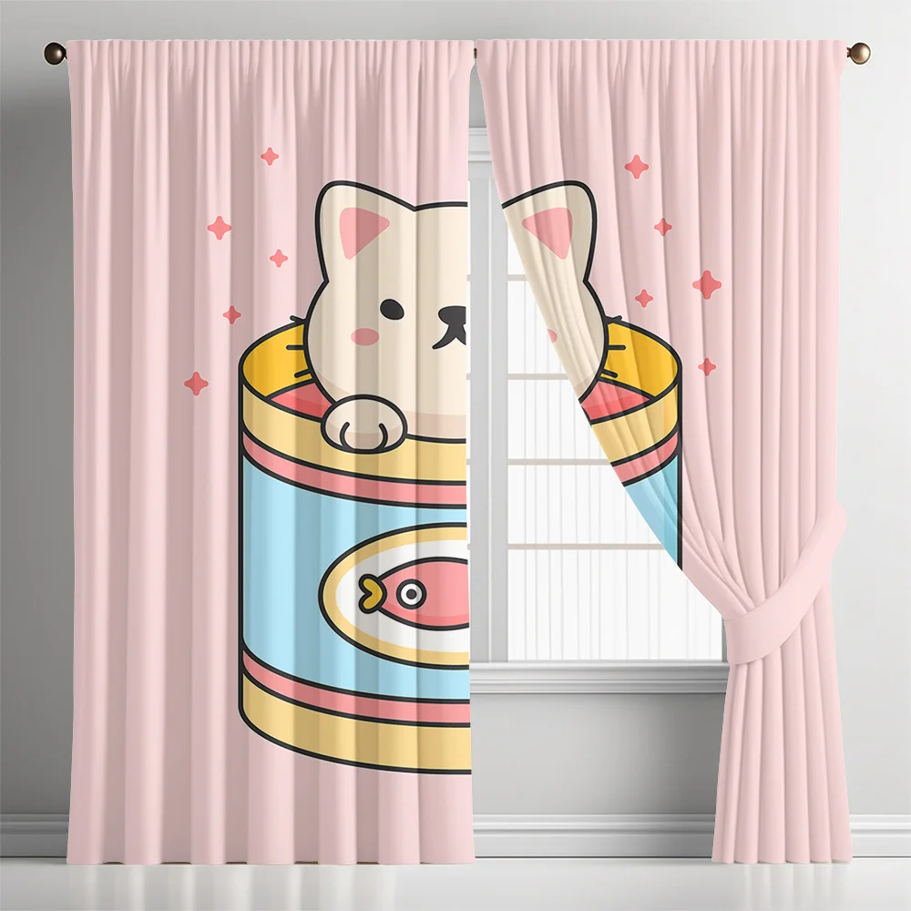 Kawaii Cat in Fish Can Curtains Set of 2 Rod Pocket Semi Sheer Pink for Kids Room Bedroom Decor