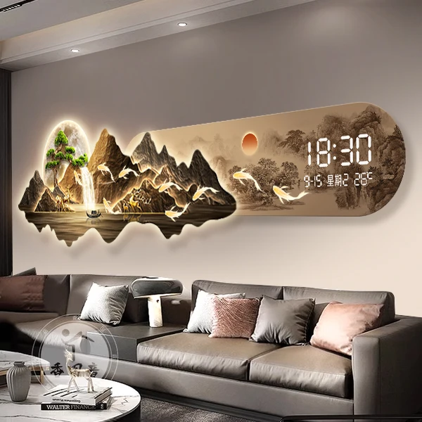 New Chinese Electronic Clock Living Room Decorative Painting LED Wall Lamp Painting Sofa Background High-End Landscape Painting
