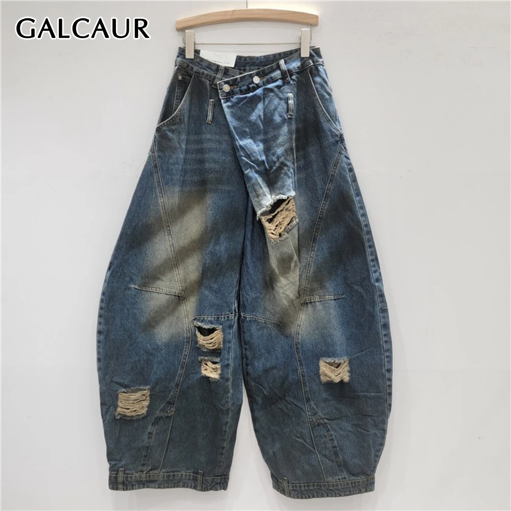 

GALCAUR Blue Spliced Hollow Out Trousers Female High Waist Loose American Retro Women's Wide Leg Pants Summer New Style Fashion