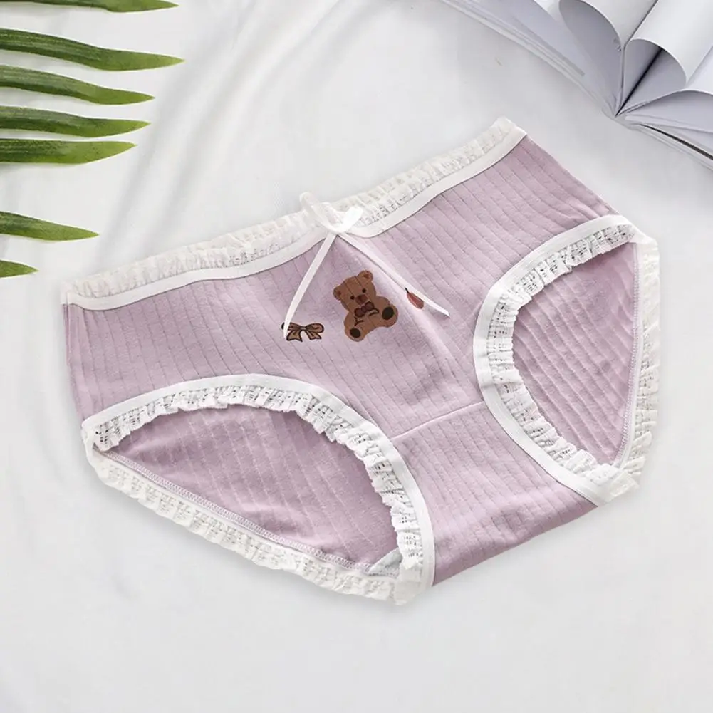 Daily Briefs Japanese Style Cartoon Bear Print Women's Seamless Lace Panties Soft Breathable Mid Waist Underwear with Quick Dry