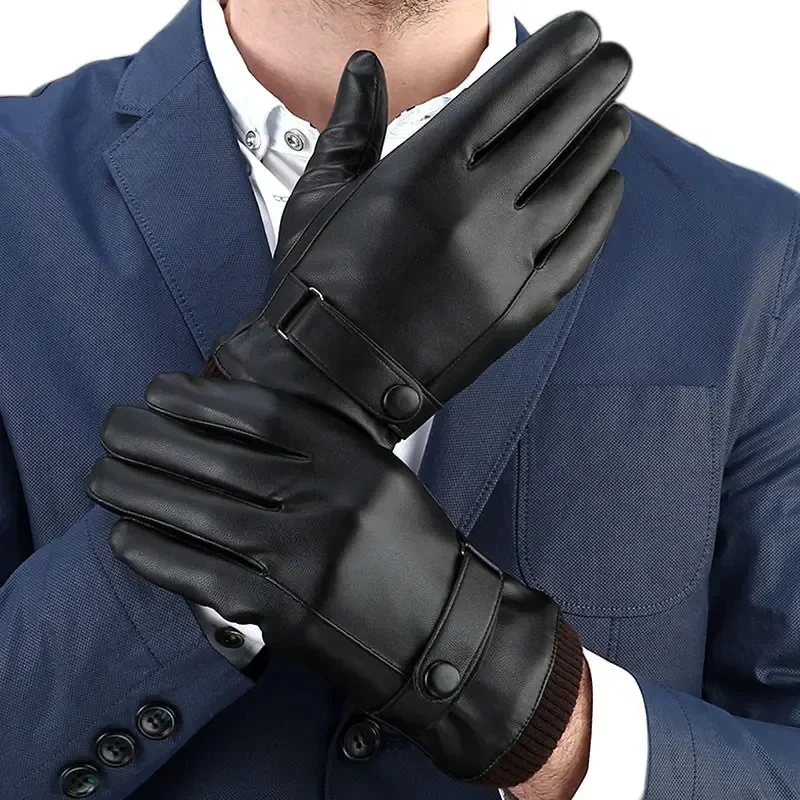 Fleece Leather Gloves Men\'s Winter Autumn PU Linings Cashmere Warm Sports Male Driving Mittens Waterproof Tactical Glove Guantes