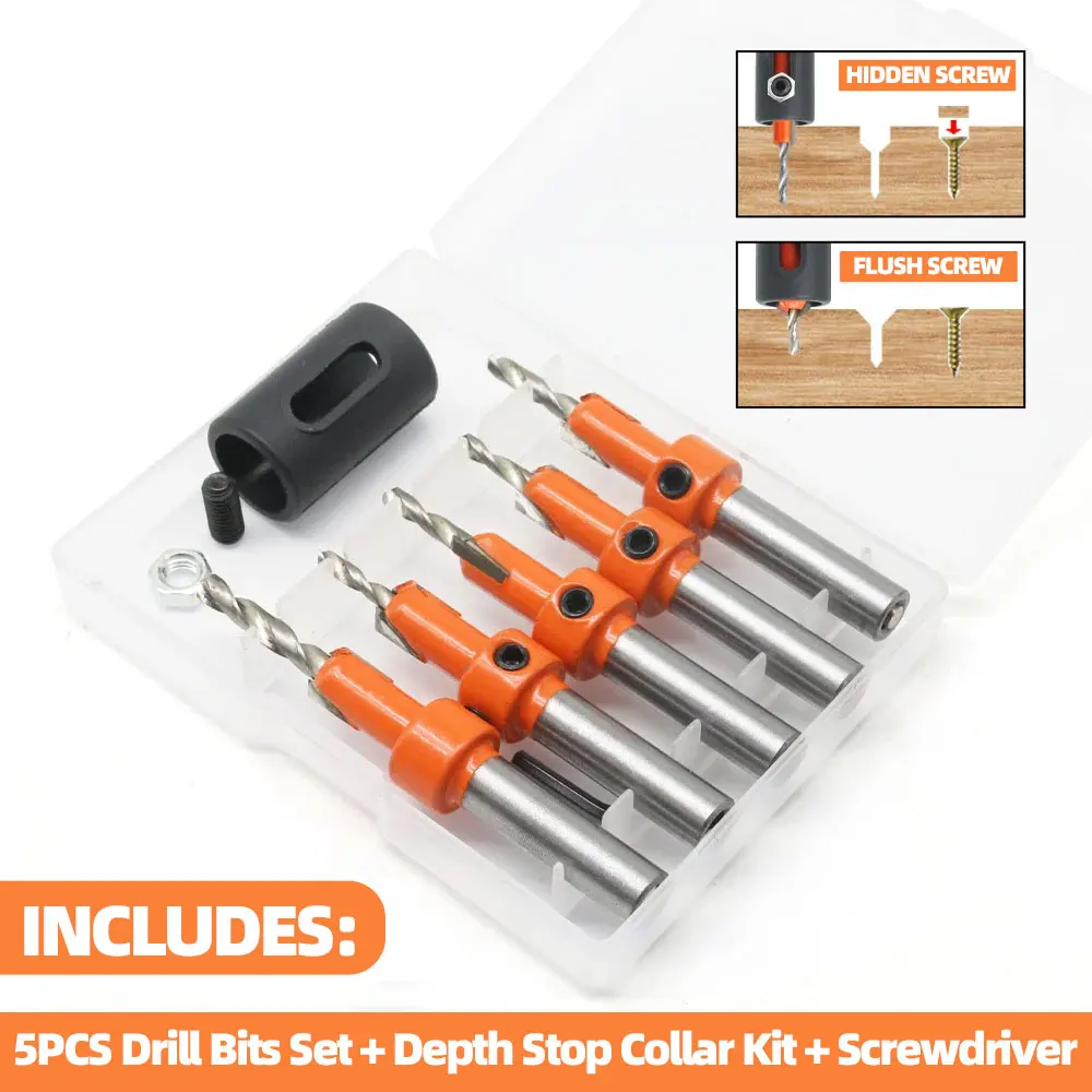 5PCS Set 8mm Bit Countersink Drill Bit Limit Drilling Depth Woodworking Shank Screw Extractor Demolition Wood Drilling