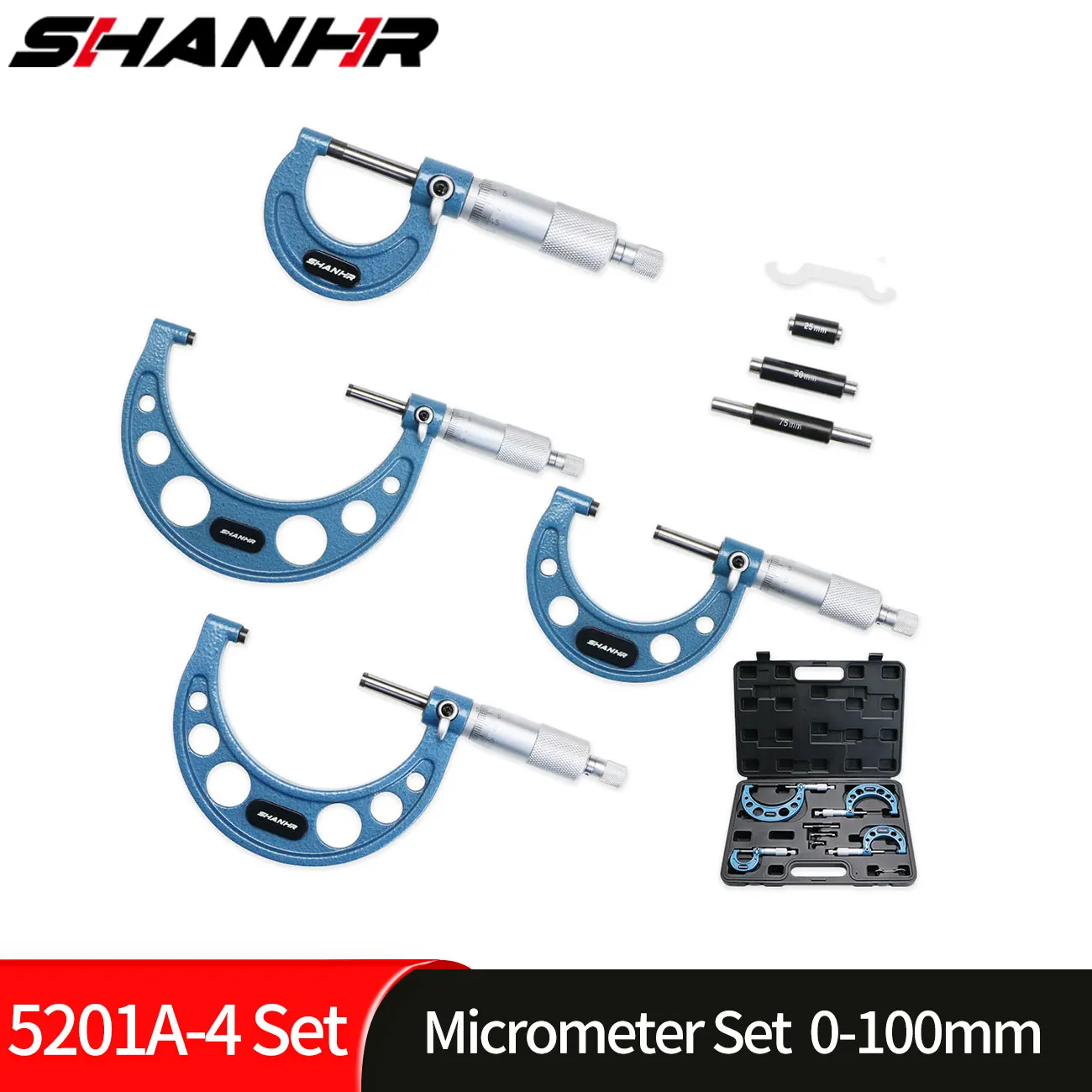 SHANHR 4Pcs Outside Micrometer Set 0-100mm 0.01mm Graduation Machinist Tool Alloy Accurate with Box