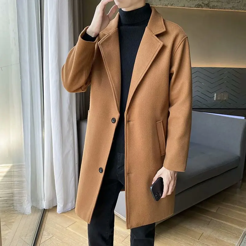 Light wind spring and autumn long woolen coat men\'s Korean version trend slim trench coat woolen coat