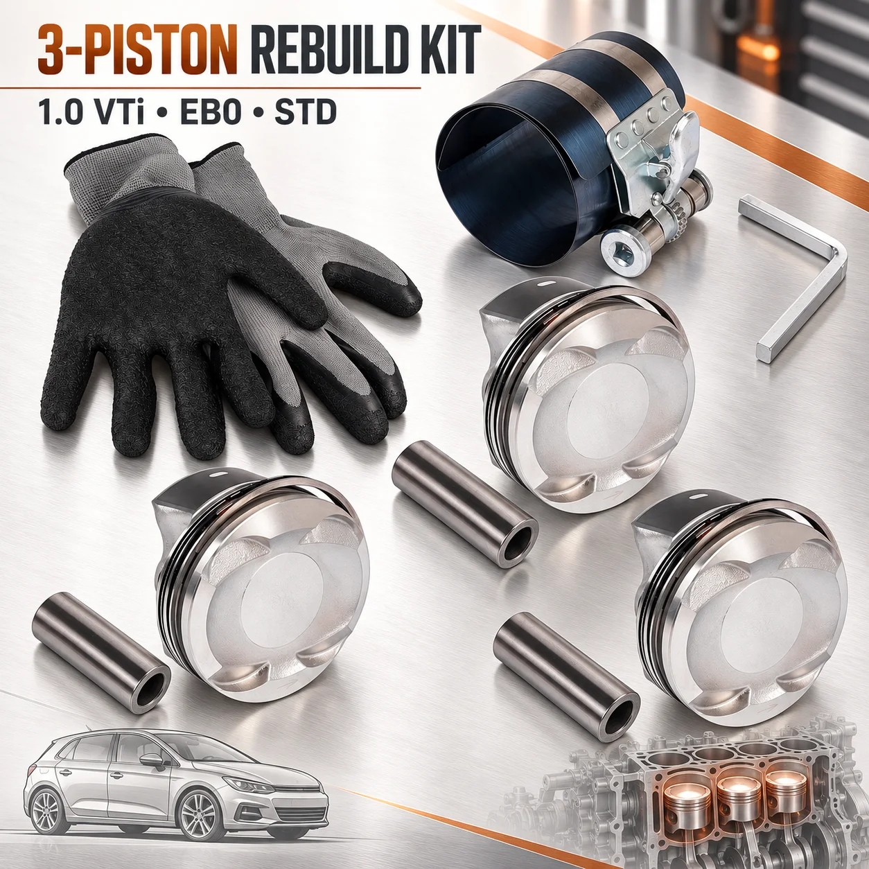 Kit di revisione motore a 3 pistoni AP02 con segmenti, perni e strumento di installazione per Peugeot 108 208 Citroen C3 1.0 VTi ZMZ EB0 EB0F STD 1623500080