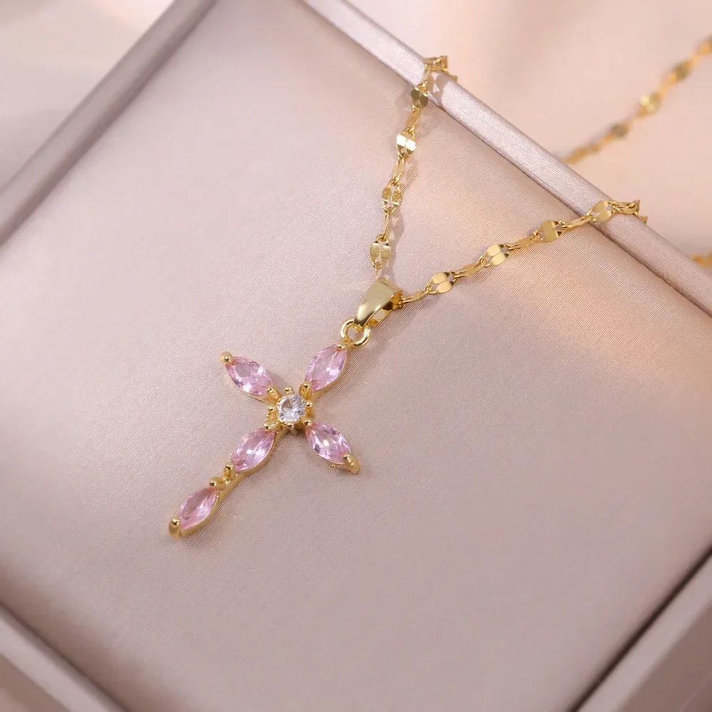 Shiny Green Pink Clear Zircon Cross Pendant Necklaces for Women Lady Stainless Steel Chain Gold Color Jewelry Accessories Gifts