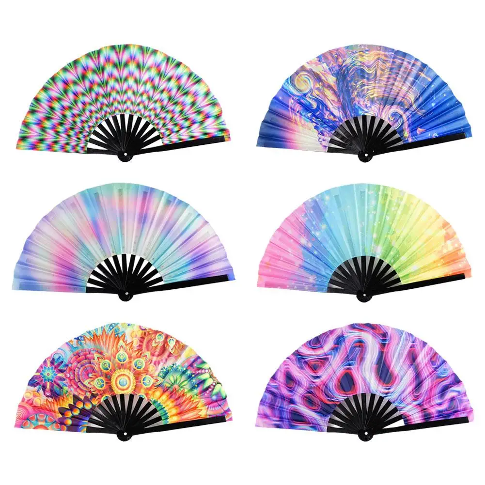 Creative Fluorescent Kung Fu Fan Foldable Festival Dancing Hand Fan Gradient Colorful Reflective Bamboo Bone Fan Bar Party Decor