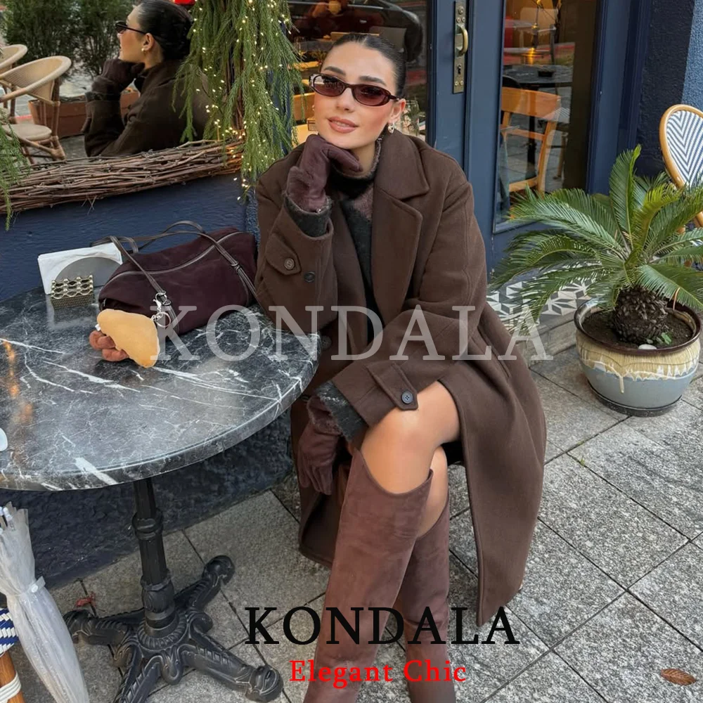 เสื้อโค้ทผู้หญิง KONDALA รุ่นฤดูใบไม้ร่วง ดีไซน์หรูหรา ผ้าผสม ทรงยาว ปกเสื้อแบบลาペル ติดกระดุมสองแถว เสื้อโค้ทอุ่นๆ แฟชั่นปี 2026 สำหรับฤดูหนาวและฤดูใบไม้ผลิ สไตล์ไฮสตรีท