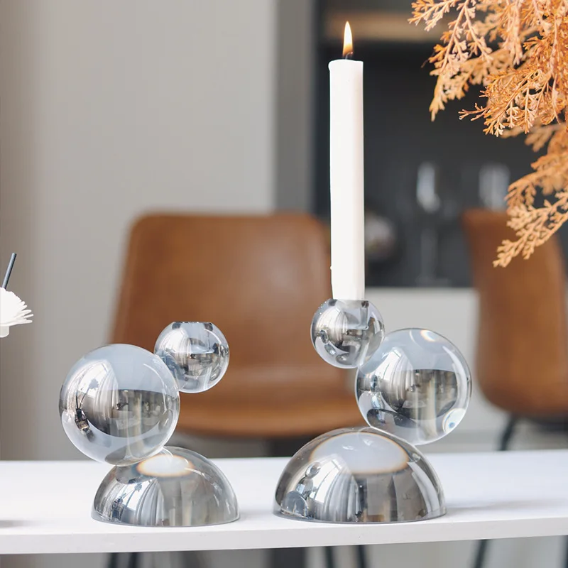 Abstract Geometric Art Candle Holder Candleholder Grey Spherical Crystal Candelabros Decorativos Home Decoration Accessories