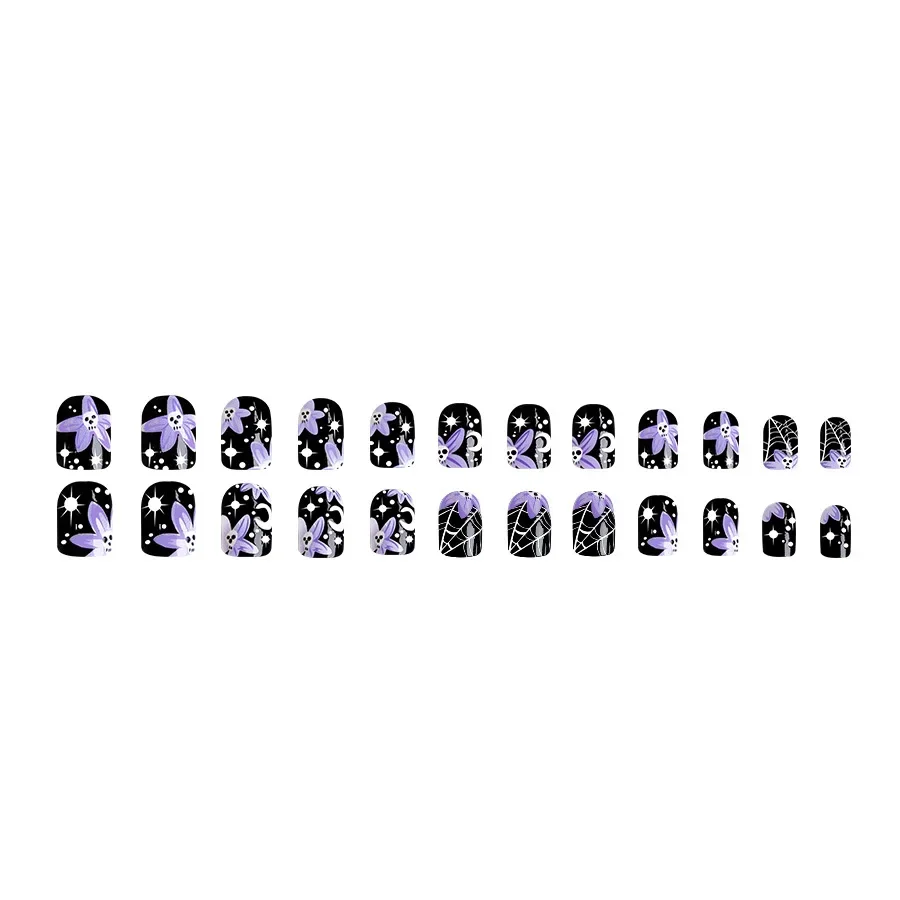 Uñas postizas de Halloween para mujeres y niñas, 24 piezas, brillantes, estrellas, Luna, telaraña, Cráneo de terror, negro