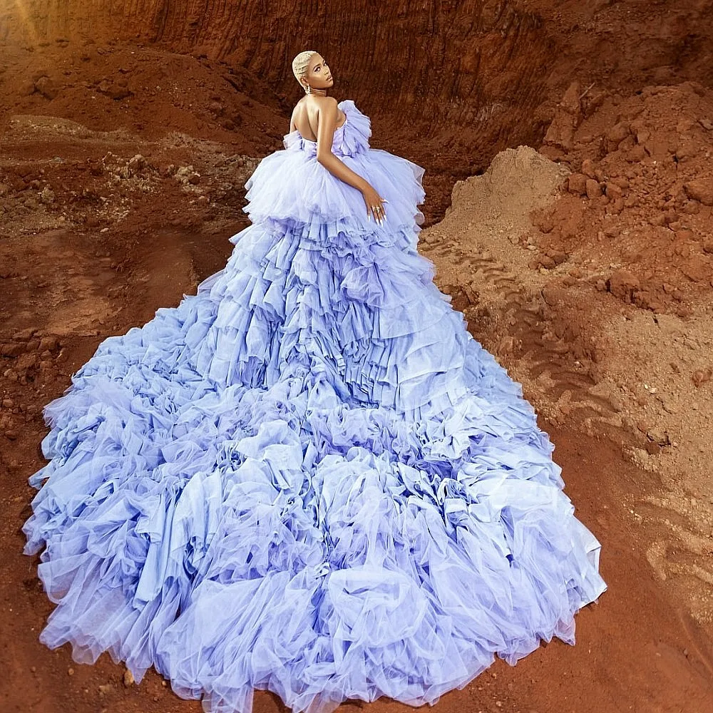 Lavanda babados em camadas tule fofo vestidos de aniversário com trem longo decote aberto bonito vestido de baile vestidos de noiva meninas festa