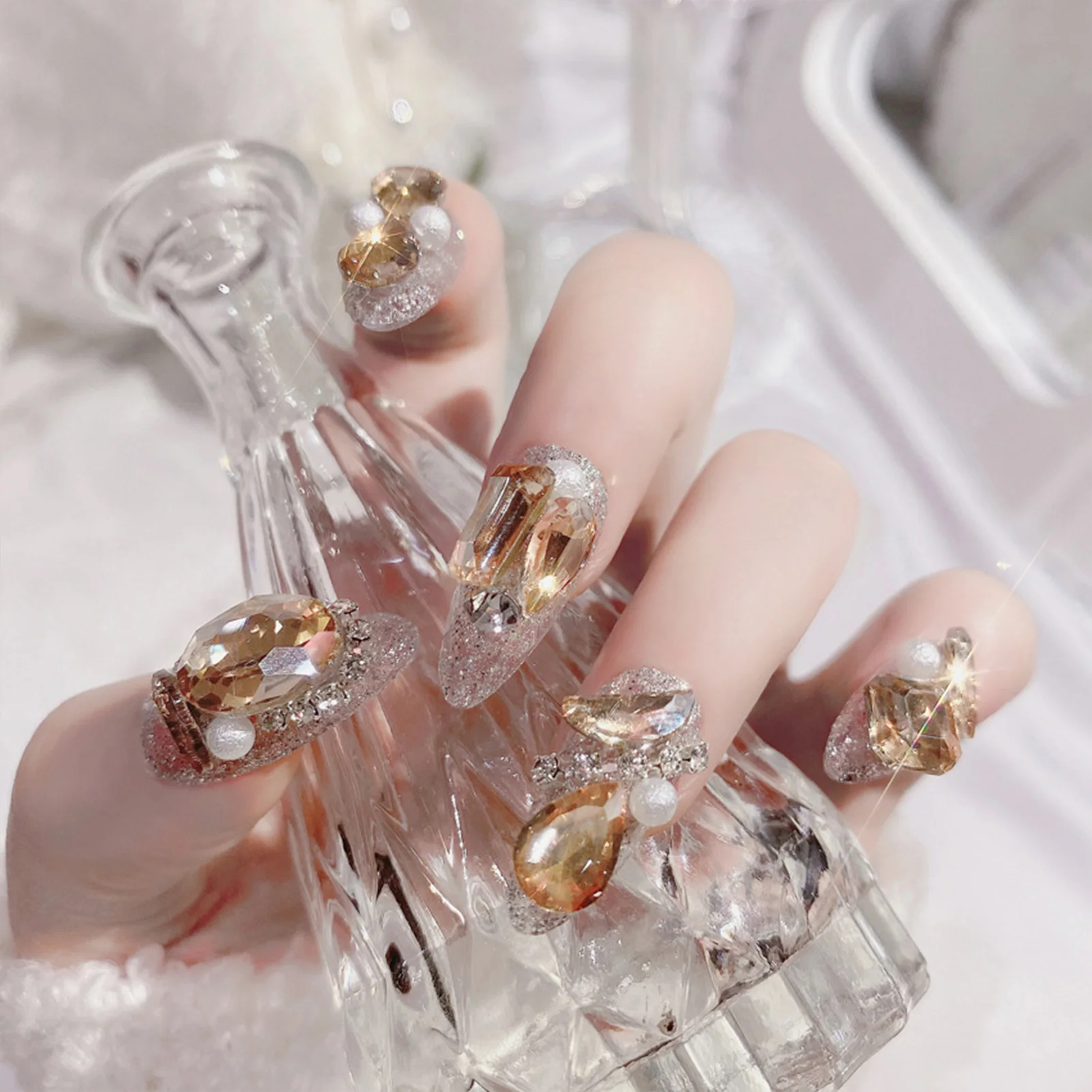 Uñas postizas con diamantes de imitación para mujer y niña, Gel UV de Color champán, decoración artística de uñas