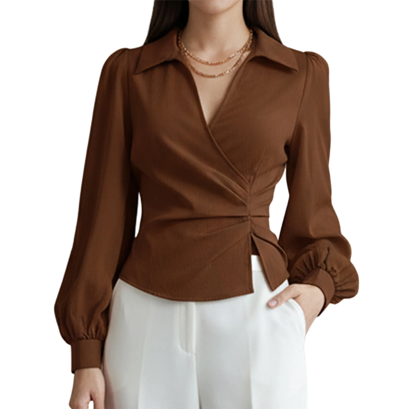 Kollektion 2025, langärmliges Oberteil mit Kragen und asymmetrischer Taille für Damen, modische einfarbige Herbsthemden mit V-Ausschnitt