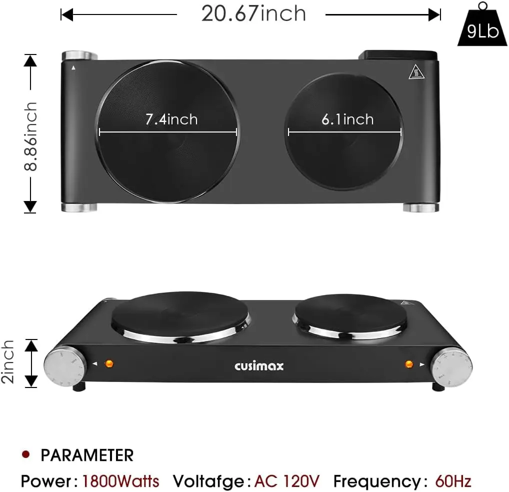 Brûleur électrique à double plaques chauffantes, table de cuisson à seau de 1800W avec contrôle de température réglable