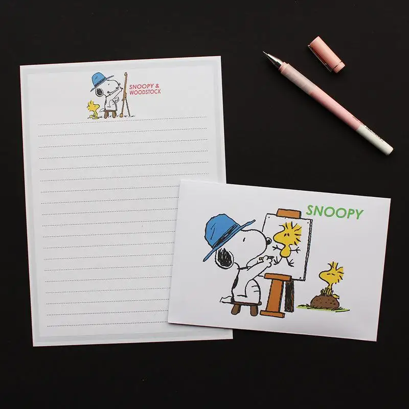 New Kawaii Miniso Snoopy Anime Cartoon Envelope Letterhead Set Fresh Cute Letterhead Writing Paper Holiday Greeting Cards Gift