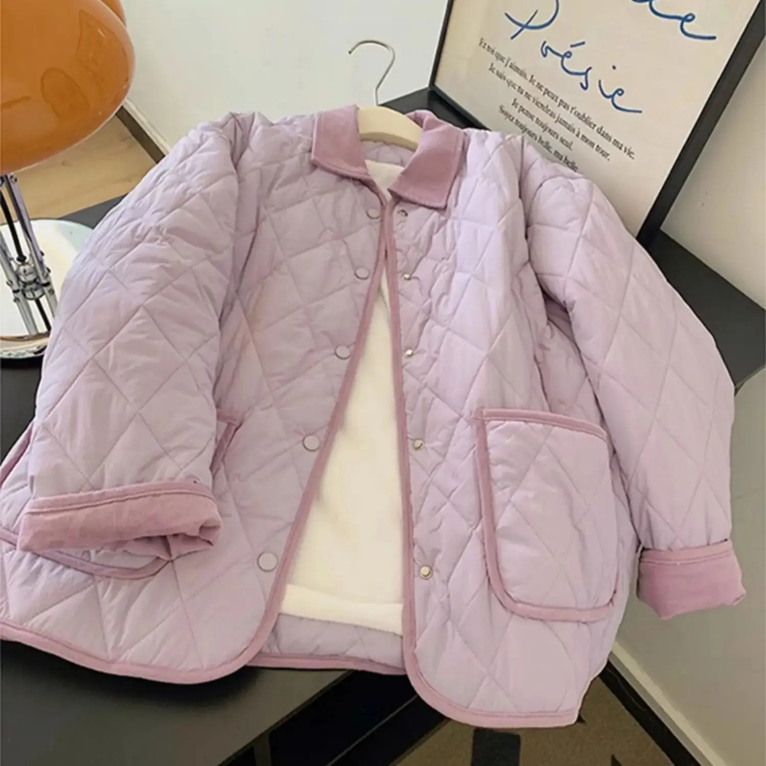 Chic Purple Lapel Collar Women Quilted Jacket Autumn Winter Velvet Warm Single-breasted Short Coat Female Outerwear