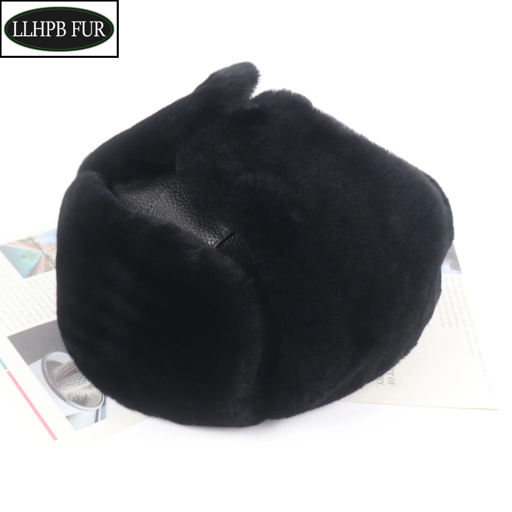 

Winter Men100% Genuine Sheepskin Leather Hat Man Outdoor Keep Warm Real Wool Cap Windproof Thick Real Fur Bomber Hat