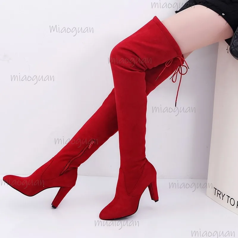 Side Zipper Over The Knee Boots Sexy Pointed Toe Suede High Heel Modern Boots Size 35 43 Botas Largas Mujer Black Gray Red Botas
