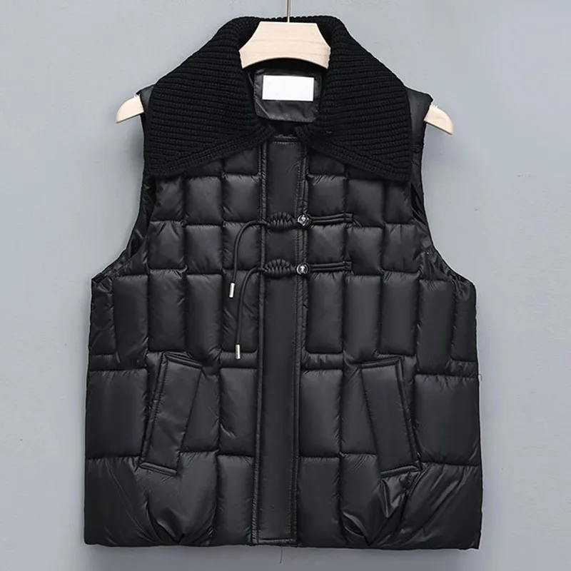 Cotton Vest Women Winter New Standing Collar Chinese Style Pan Button Knitted Lapel Collar Sleeveless Jacket Female Waistcoat