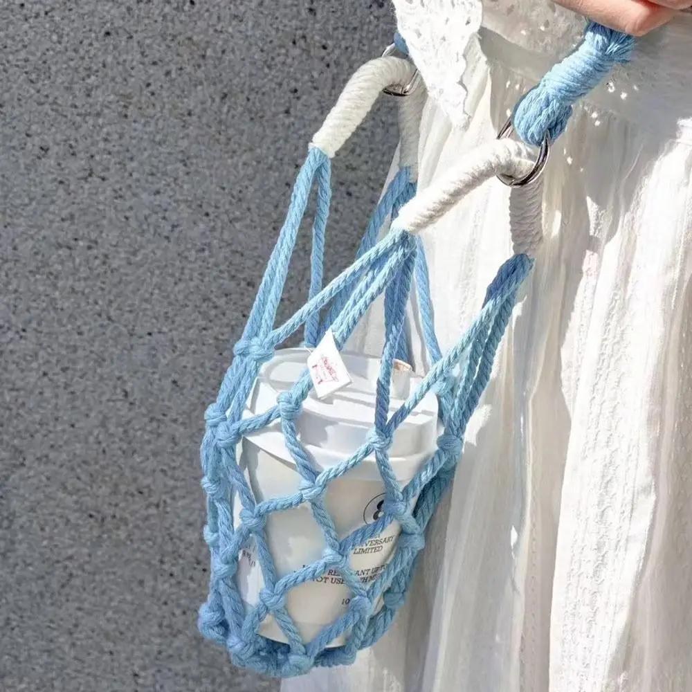 Portable Crochet Cup Holder Hollow Out Foldable Cup Cover Woven Net Mugs Bag