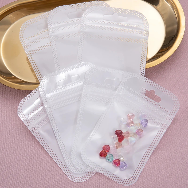 50pcs White Transparent Zipper Bags OPP Pearlescent Film Bags with Hang Hole for DIY Jewelry Retail Packaging Pouch Ziplock Bags