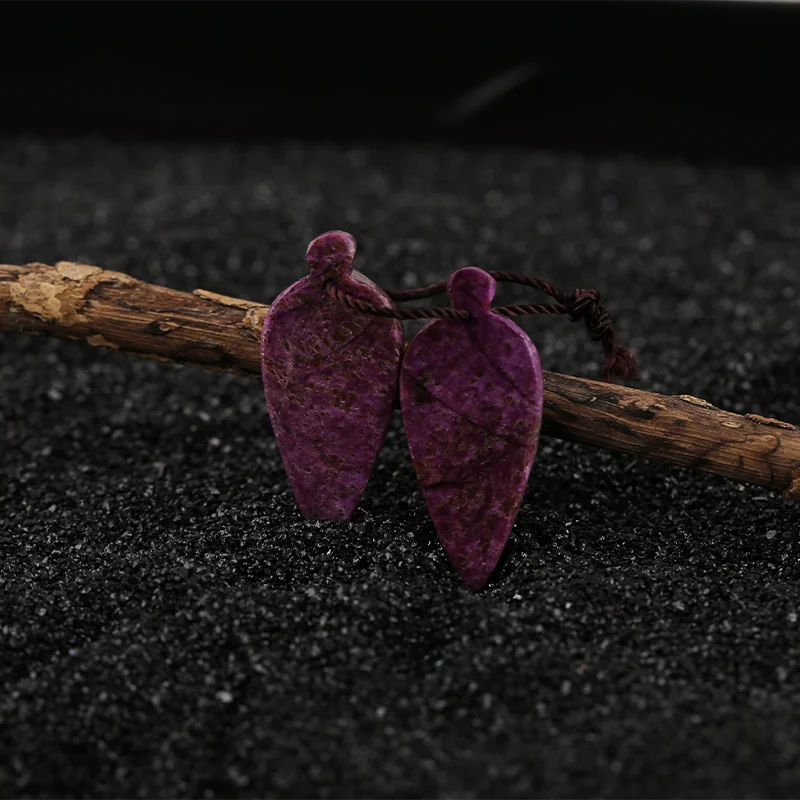 Handmade Jewelry Atlantisite Purple Stone  Carved Leaf Earring Bead,Natural Stone Earrings Accessories For Women 33x15x3mm 6.8gg
