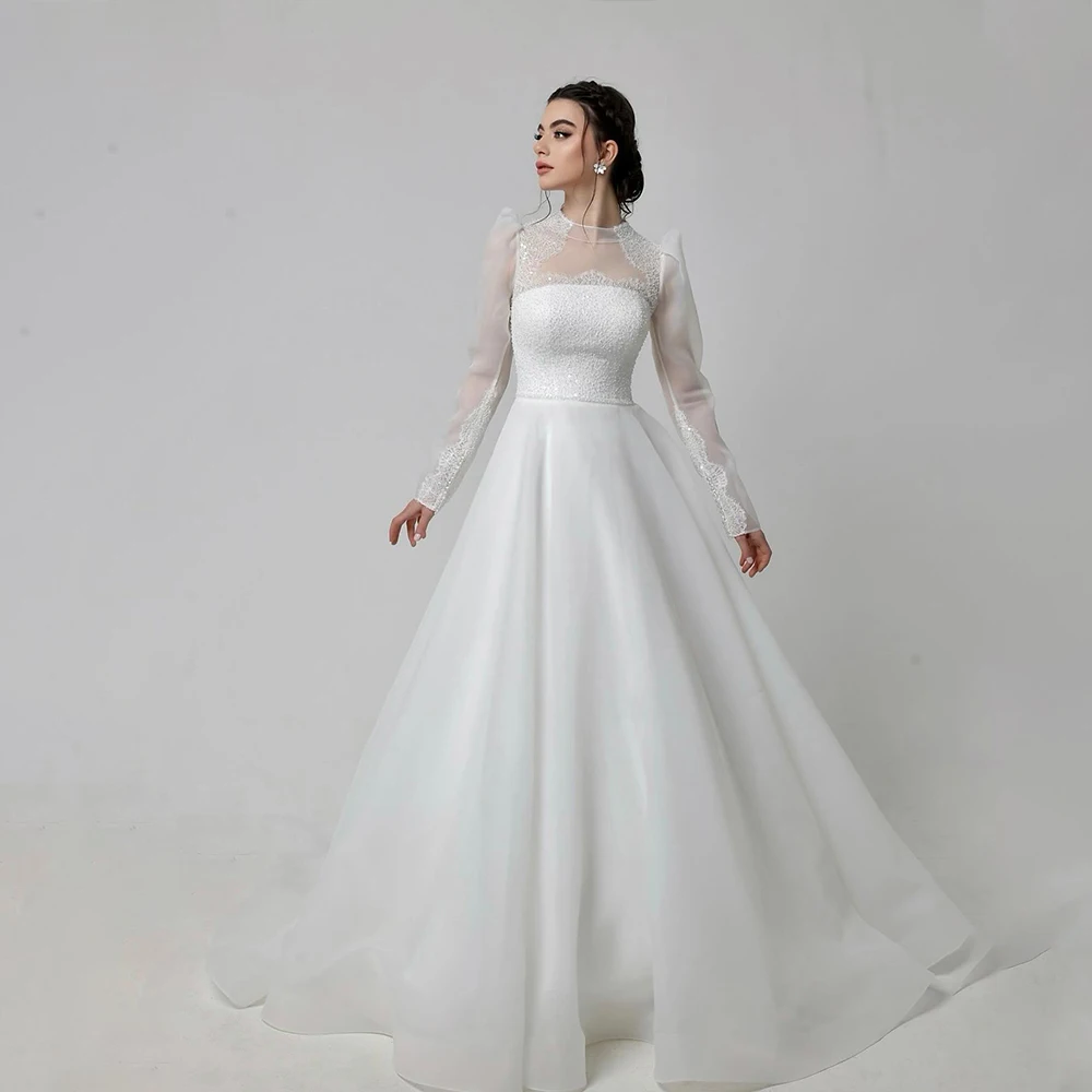 

Fairy Wedding Dresses High Neck Lace Long Sleeve Bride Dress A-Line Beading Organza White Bridal Gown Customized robe de mariée