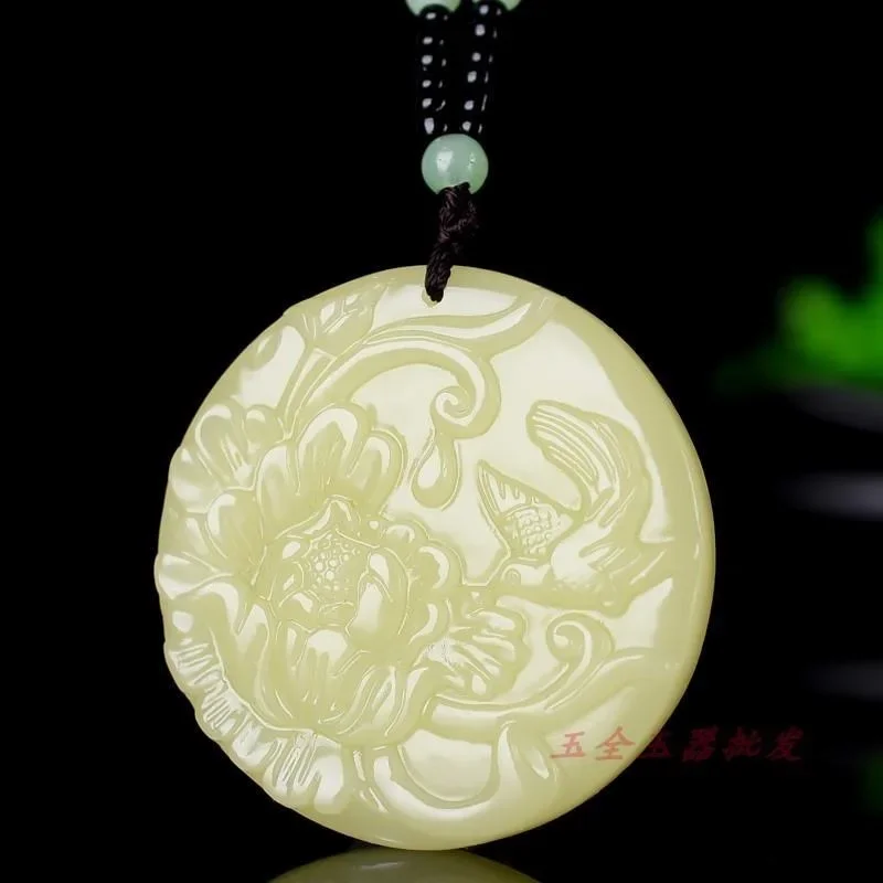 

Hotan Jade Flowers bloom and wealth Pendant Amulet Natural Necklace Carved Jewelry Gemstone Jadeite Fashion Gifts Women Chinese