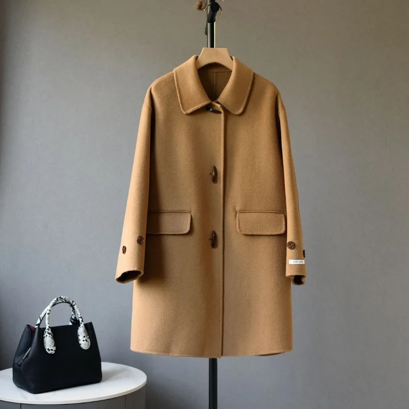 

2023 Live Flash Sale of Medium and Long Double-sided Cashmere Coat for High-end Women's Small Figure 100 Wool Coat