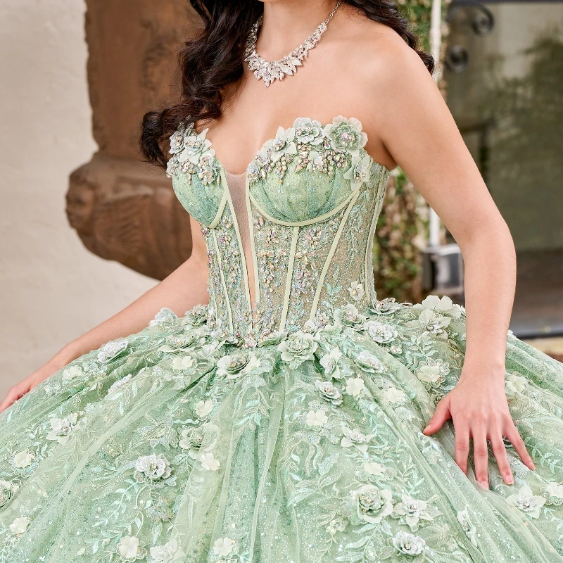 Abiti Quinceanera lucidi verde menta abito da ballo Applique in pizzo con perline a strati con corsetto a mantella dolce 16 abito Vestido De 15 Anos