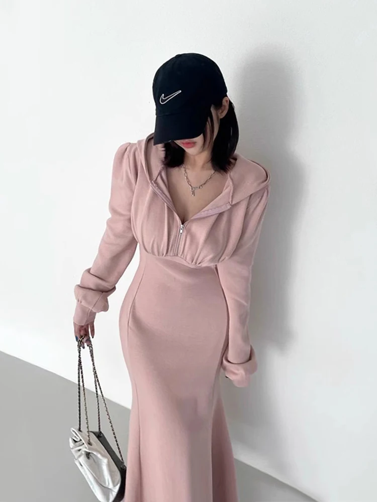 세련된 가을 겨울 두꺼운 긴 소매 후드 지퍼 슬리밍 여성 드레스 피쉬 테일 드레스 하이 웨이스트 한국 스타일 통근