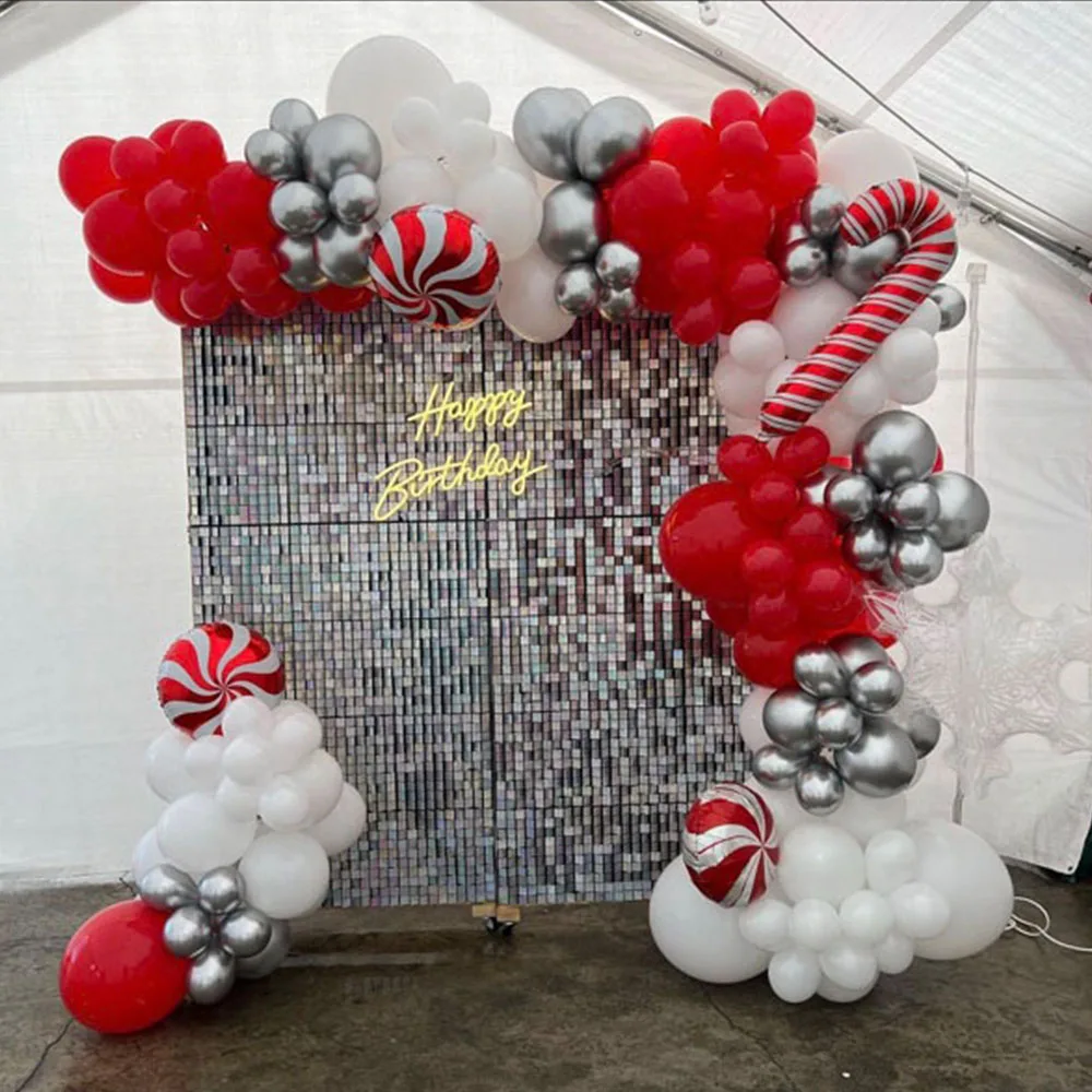 

130Pcs Christmas Balloon Set Candy Cane Aluminum Film Balloon Red Silvery White Christmas New Year Balloon Chain Arch Wreath Set