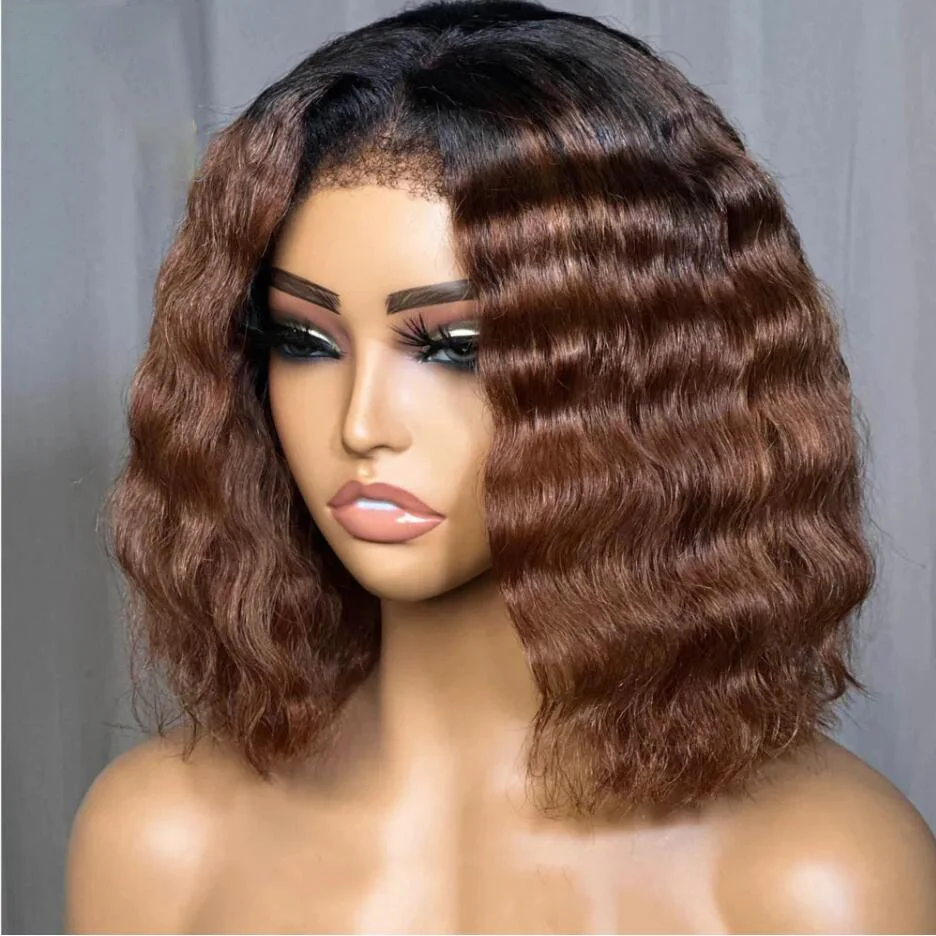 Preplucked Glueless Soft Ombre Honey Blonde Brown Deep Wave Curly Short  Bob Lace Front Wigs For Black Women With Afro Baby Hair