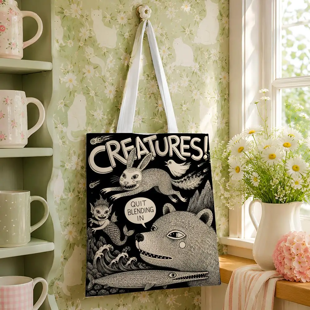 Strange Creatures Storage Bags Reusable Canvas Tote Large Capacity Shoulder Carry For Shopping Travel Work School