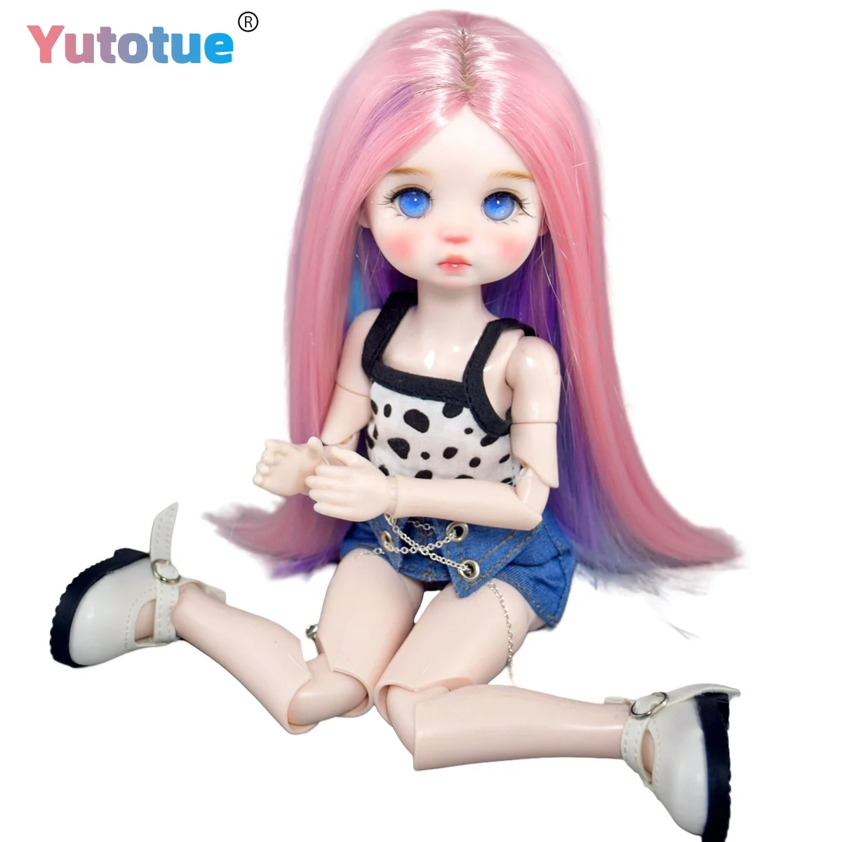 YUTOTUE 30cm Height Blue Eyes Girl Doll with Vest Skirt Shoes Colorful Hair Wigs Full Set BJD Toy