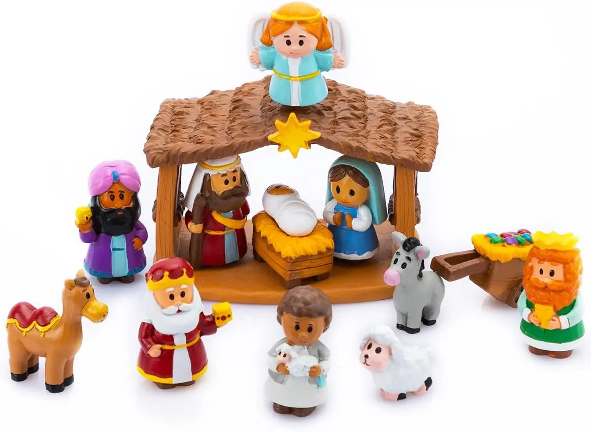 

JOYFY 13 PCS Christmas Little Nativity Playset Reenact Miniature Toys Nativity Set for Kids Christmas Manger Scene Xmas Decor
